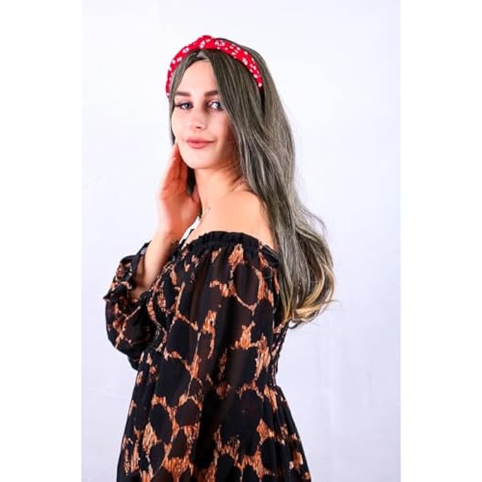 DILLARDS Long Wavy Grey Ombre Synthetic Wig, Heat Resistant, With Red Floral Headband - Image 3